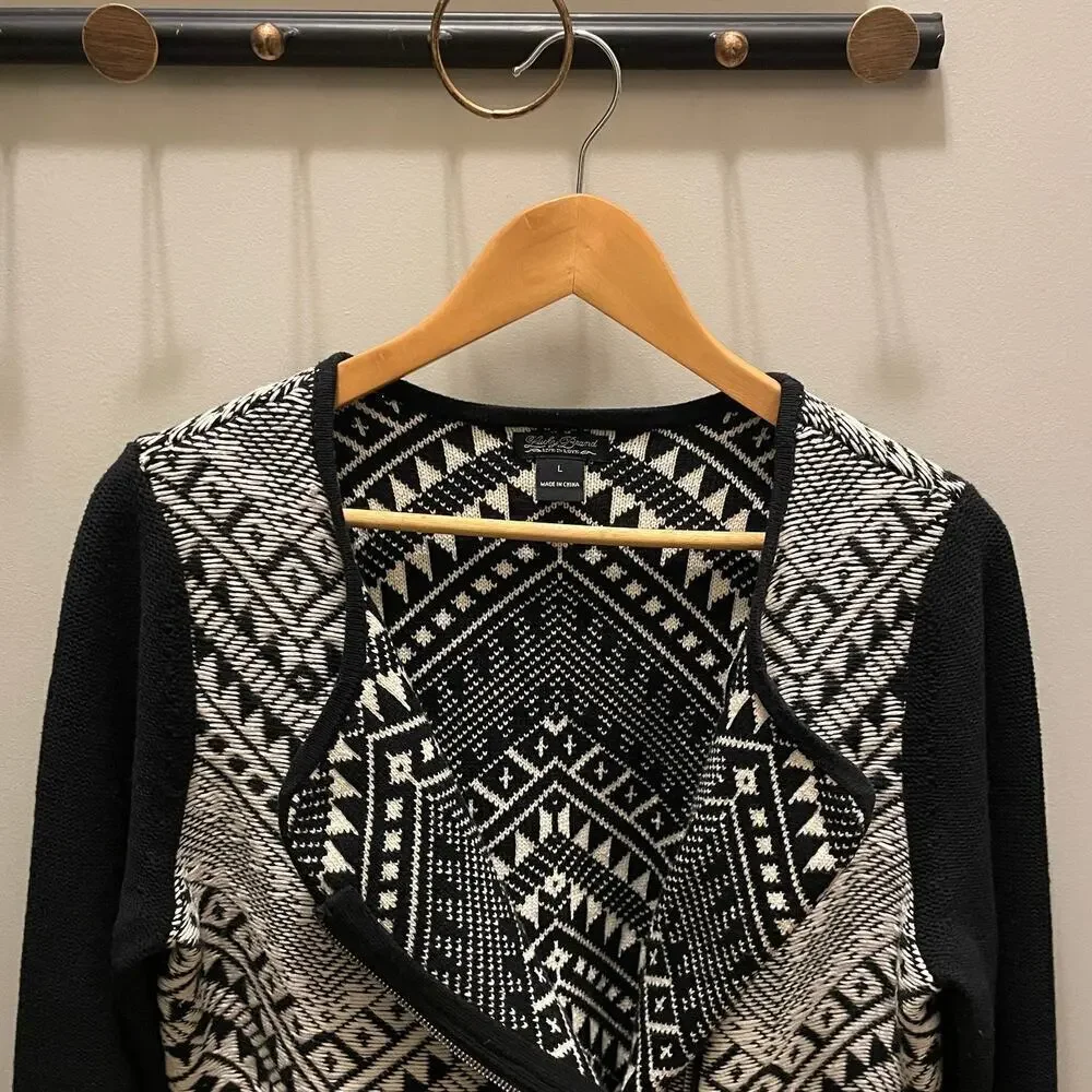 Lucky Brand Womens Large Aztec Pattern Sweater | Black & White Zip Knit Cardigan - Picture 9 of 9